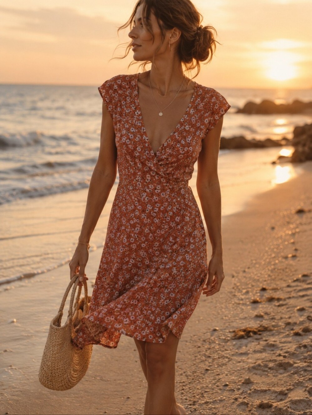 Sanctuary Floral Wrap Summer Midi Dress XL Orange Ruffle Cottage-Core Romantic